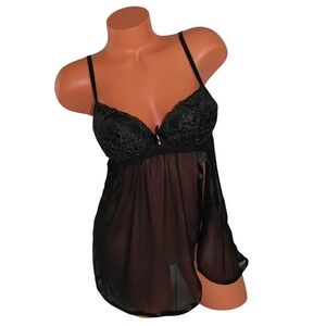 Daisy Fuentes Black Lace Trim Sheer Babydoll Chemise G String Set Medium New